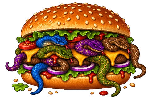 A burger stuffed with snakes — the Snack Pack